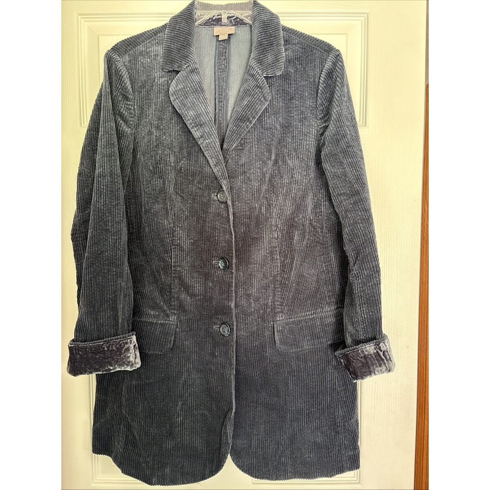 J. Jill Corduroy Long Blazer Jacket Muted Blue Womens M Velvet Trim 3 Button